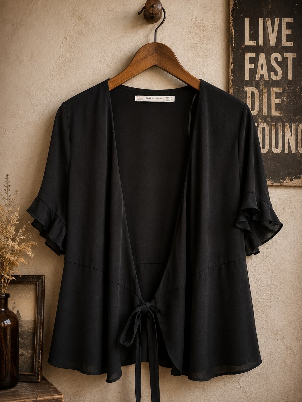 Zara Trafaluc L Black Open Front Tie Waist Kimono Ruffle Sleeve Blazer